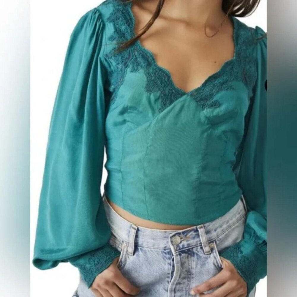 NEW: Free People Janelle Lace Top in Green Jade